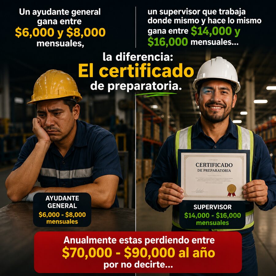 Comparativa salarial: ayudante general $6,000-$8,000 vs supervisor con certificado de preparatoria $14,000-$16,000 mensuales