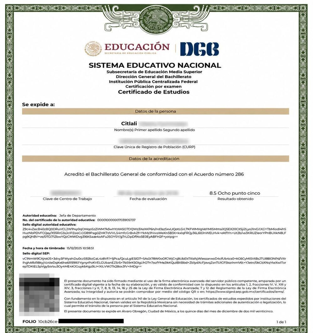 Certificado de bachillerato con validez oficial SEP, código QR y folio