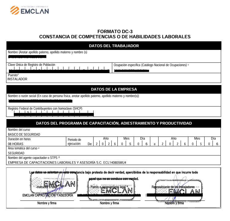 Ejemplo de Constancia de Competencias o de Habilidades Laborales formato DC3 expedida por EMCLAN, agente capacitador registrado ante la STPS