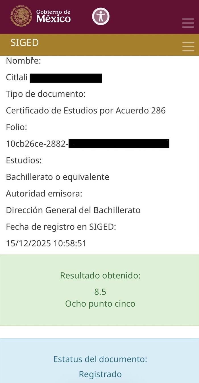 Resultado de validación en SIGED mostrando documento registrado ante la Dirección General del Bachillerato